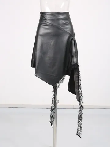 Women Faux Leather Midi Skirt Asymmetric Irregular Lace Patchwork High Waist Black PU A-Line Skirt Streetwear Bottoms