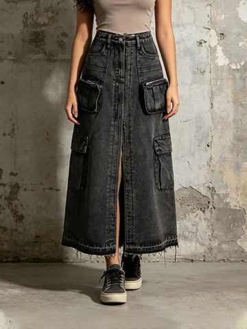 Western Style High Waisted Cargo Denim Long Skirt For Women Streetwear Multi Pocket Split Straight Distressed Jean Skirt