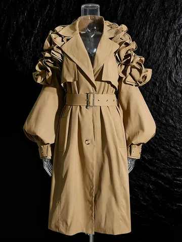 Women Elegant Mid-Length Trench Coat Ruffle Splicing Lantern Sleeve Slim Fit Outerwear With Belt Fashion Windbreaker