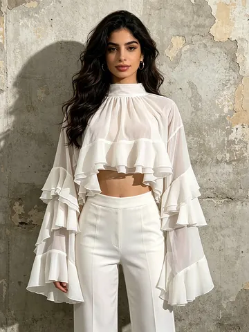 Dames Elegante Gelaagde Ruffle Chiffon Blouse Lange Mouw Opstaande Kraag Cropped Top Basis Effen Kleur Casual Boheems Overhemd