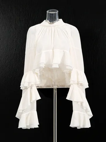 Dames Elegante Gelaagde Ruffle Chiffon Blouse Lange Mouw Opstaande Kraag Cropped Top Basis Effen Kleur Casual Boheems Overhemd