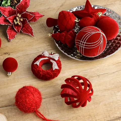 Juego de Adornos Flocados para Árbol de Navidad Retro Europeo Bolas de Navidad de Terciopelo Flores para Decoración