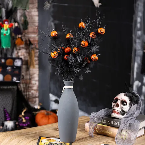 Halloween Pumpkin Decorative Branches Black Horror Jack-O-Lantern Maple Leaf Stems Gothic Home Party Spooky Ornament Foliage