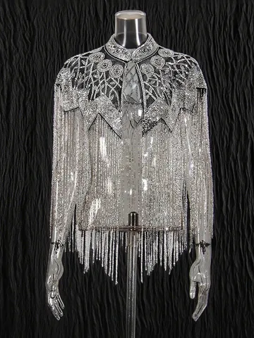 Luxe Franse Stijl Kralen Franje Sjaal Cape Voor Dames Vintage Pailletten Mesh Avondfeest Cover Up Bruiloft Jas