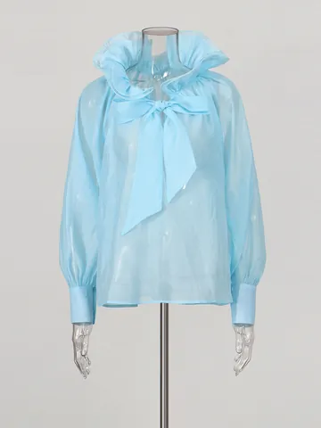 Camicetta Donna Stile Francese con Volant in Mesh e Lacci Dolce Manica a Lanterna Lunga Camicia Poliestere Top Design Trasparente Primavera Nuova