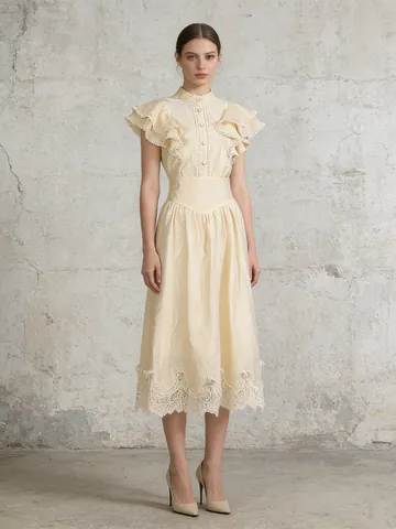 Retro Romantic Flutter Sleeve Top And High Waist A-Line Lace Skirt Top And Bottom Polyester Cotton Blend Set