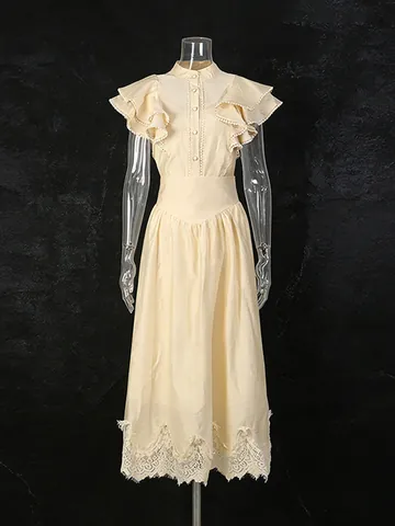 Retro Romantic Flutter Sleeve Top And High Waist A-Line Lace Skirt Top And Bottom Polyester Cotton Blend Set