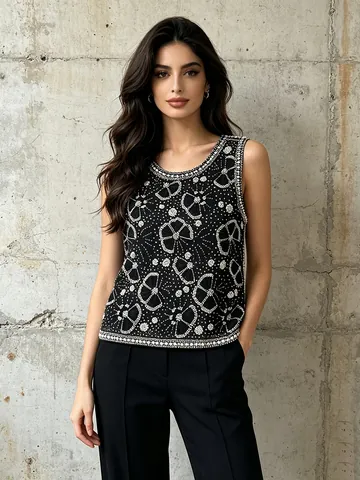 Women's French Luxury Heavy Beaded Rhinestone Camisole Vest Elegant Sexy Slim Fit Polyester Floral Sequin Party Tank Top