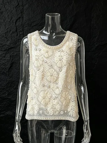 Women's French Luxury Heavy Beaded Rhinestone Camisole Vest Elegant Sexy Slim Fit Polyester Floral Sequin Party Tank Top