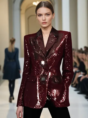 Women Sequin Blazer Fashion V Neck Slim Fit Suit Jacket Single Breasted Autumn Outerwear Polyester Sequin Fabric Wine Red Black Coat