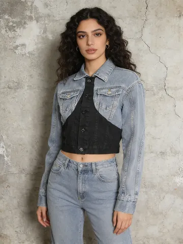 Damen Korean Fashion Schlanke Passform Patchwork Denimjacke Kurz Jeansmantel Top Bottom Kontrastfarbe Gewaschene Jacke