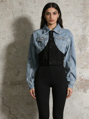 Damen Korean Fashion Schlanke Passform Patchwork Denimjacke Kurz Jeansmantel Top Bottom Kontrastfarbe Gewaschene Jacke