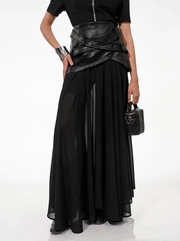 Gonna Maxi da Donna Stile Occidentale Tinta Unita Patchwork in Rete Cintura in Pelle Artificiale Elegante Vita Alta Gonna a Trapezio
