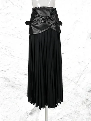 Gonna Maxi da Donna Stile Occidentale Tinta Unita Patchwork in Rete Cintura in Pelle Artificiale Elegante Vita Alta Gonna a Trapezio