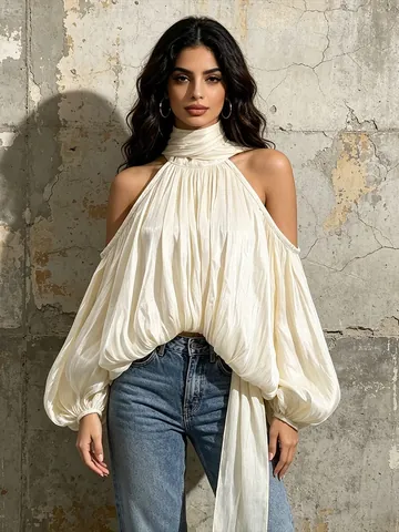 Französischer Stil Halter Schulterfrei Bluse Für Damen Süß Schleife Schnürung Puffärmel Plissee Locker Polyester Elegant Top