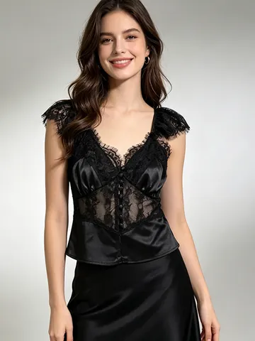 Women Vintage Sexy Lace Satin Patchwork Cami Tank Top V-Neck Flutter Sleeve Short See-Through Button Vest Slim Fit Black Top