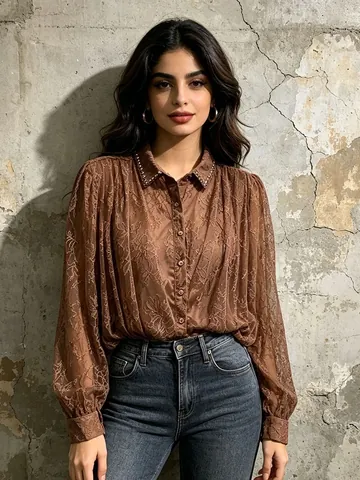 Chemise à Manches Longues Minimaliste Française Plissée avec Couture en Maille pour Femmes Élégante Mince Col en Strass Chemisier en Dentelle de Polyester Top