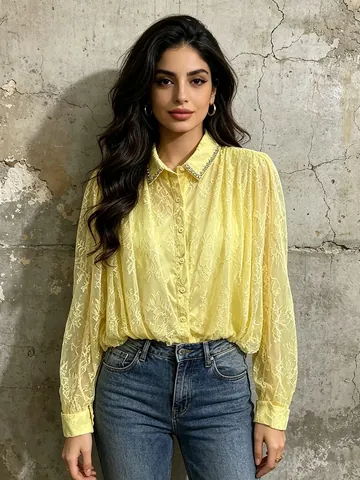 Chemise à Manches Longues Minimaliste Française Plissée avec Couture en Maille pour Femmes Élégante Mince Col en Strass Chemisier en Dentelle de Polyester Top
