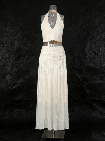 French Elegant Halter Sleeveless Top And Pleated Maxi Skirt Set Solid Color Satin Look Co-ord Suit For Women