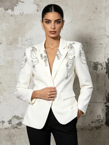Women Western Streetwear Beaded Rhinestone Blazer Jacket Elegant Solid Color Heavy Work Suit Coat Luxury Slim Fit Outwear