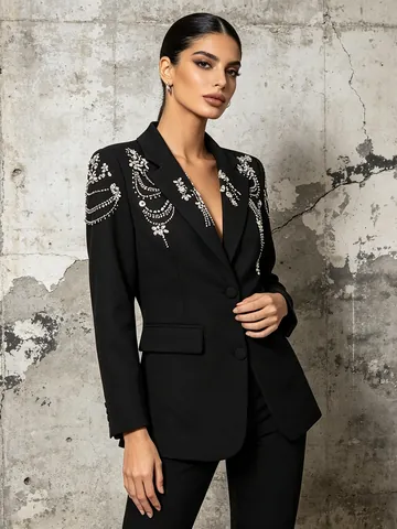 Women Western Streetwear Beaded Rhinestone Blazer Jacket Elegant Solid Color Heavy Work Suit Coat Luxury Slim Fit Outwear
