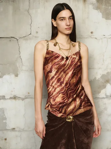 Women Streetwear Rhinestone Chain Strap Cami Top Tiger Print V-Neck Sleeveless Backless Sexy Tank Top Brown Clubwear