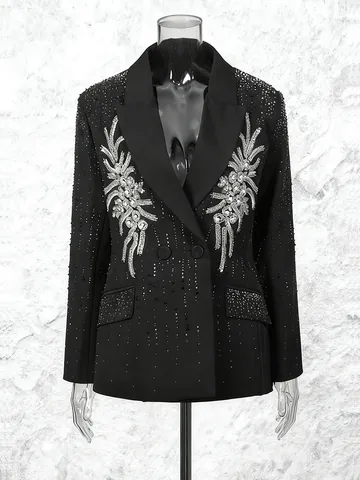 Women Rhinestone Blazer Jacket Double Breasted Lapel Loose Long Sleeve Polyester Streetwear Elegant Party Outerwear Top