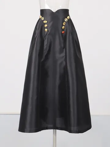 Gonna Lunga Donna a Vita Alta a Trapezio Stile Europeo Fibbia in Metallo Irregolare Pieghe Giuntate Gonna in Poliestere