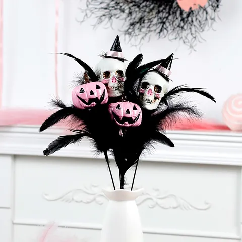 Halloween Deko Stecker Feder Kürbis Skelett Blumenstrauß Für Haus Party DIY Vase Deko Künstlicher Festlicher Blumenzweig