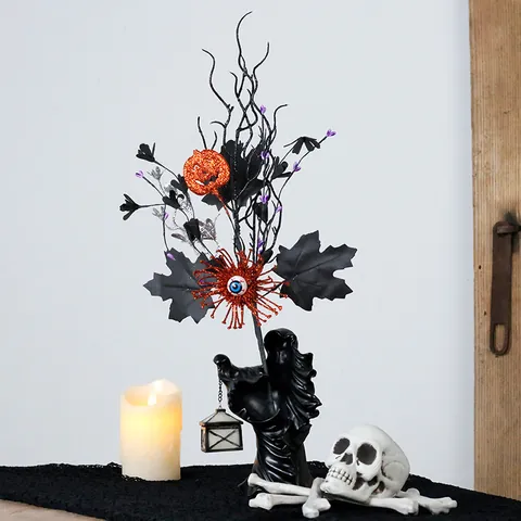 Halloween Decorative Branch With Pumpkin Maple Leaf Eyeball Glitter Horror Floral Pick For Home Party Decoration Gothic Ornament