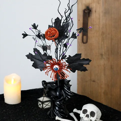 Halloween Decorative Branch With Pumpkin Maple Leaf Eyeball Glitter Horror Floral Pick For Home Party Decoration Gothic Ornament