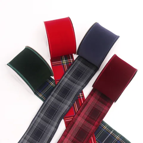 Christmas Velvet Plaid Ribbon Double Sided Wired Overlocked Ribbon For Gift Wrapping Holiday Tree Decor Red Green Plaid Ribbon