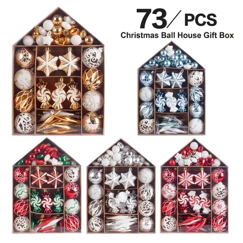 Christmas Ball Ornaments Set Painted House Gift Box Xmas Tree Hanging Pendants Holiday Party Decor Plastic Multicolor Mixed Shapes