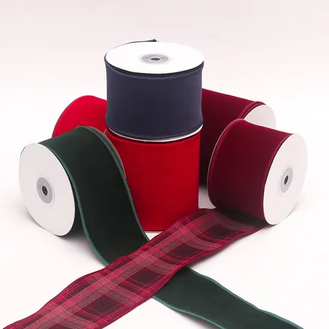Christmas Velvet Plaid Ribbon Double Sided Wired Overlocked Ribbon For Gift Wrapping Holiday Tree Decor Red Green Plaid Ribbon