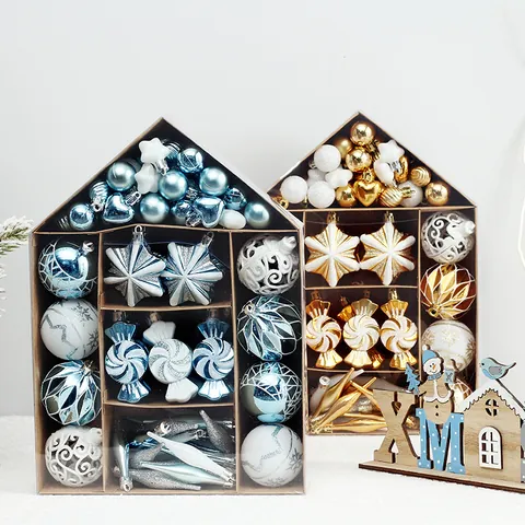 Christmas Ball Ornaments Set Painted House Gift Box Xmas Tree Hanging Pendants Holiday Party Decor Plastic Multicolor Mixed Shapes
