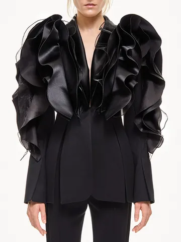 Dames Mode Sexy Diepe V-hals Blazer Jas Met Ruffles 3D Splitsing Ontwerp Runway Stijl Zwarte Getailleerde Jas Streetwear