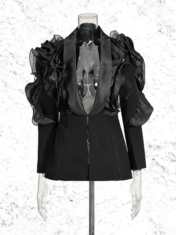 Dames Mode Sexy Diepe V-hals Blazer Jas Met Ruffles 3D Splitsing Ontwerp Runway Stijl Zwarte Getailleerde Jas Streetwear
