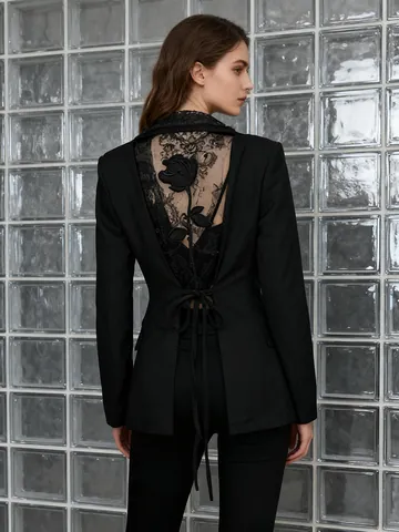 Women Slim Fit Blazer Sexy V-Neck Lace Hollow Out Back Suit Jacket Office Elegant Intellectual Long Sleeve Top