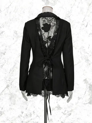 Women Slim Fit Blazer Sexy V-Neck Lace Hollow Out Back Suit Jacket Office Elegant Intellectual Long Sleeve Top