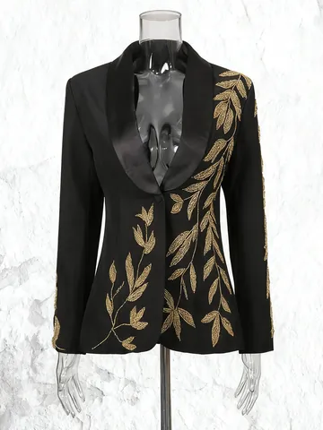 Women Luxury Palace Vintage Black Blazer Jacket Heavy Gold Leaf Embroidery Slim Fit Deep V Neck Formal Evening Party Coat