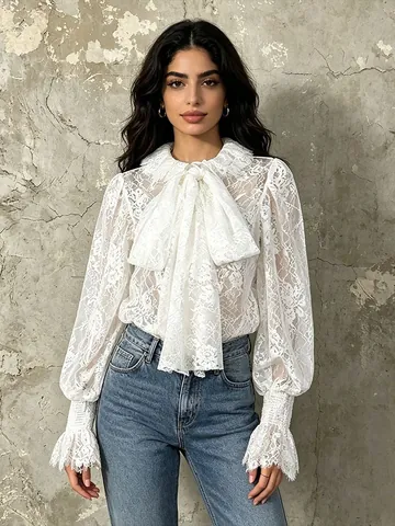 Camicetta in Pizzo Dolce Francese Fiocco Manica a Lanterna Ricamo Camicia Donna Elegante Floreale Top Pullover Semi-Trasparente