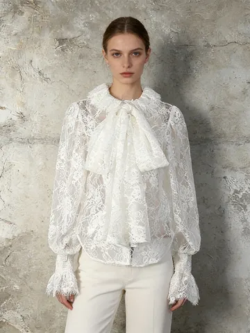 Camicetta in Pizzo Dolce Francese Fiocco Manica a Lanterna Ricamo Camicia Donna Elegante Floreale Top Pullover Semi-Trasparente