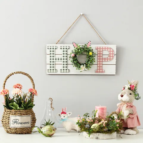 Ostern Kranz Holzschild HOP Hasenohren Künstliche Pflanzen Karo-Design Wandbehang Türdekoration Girlande Festliches Zubehör