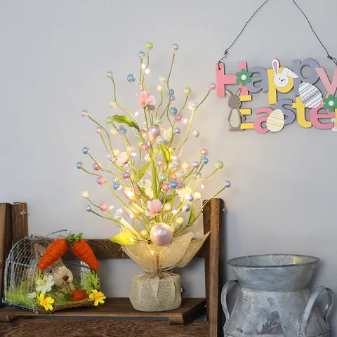 LED Lighted Easter Egg Tree Decor With Burlap Base Artificial Floral Tree For Easter Desktop Home Decoration Party Favor