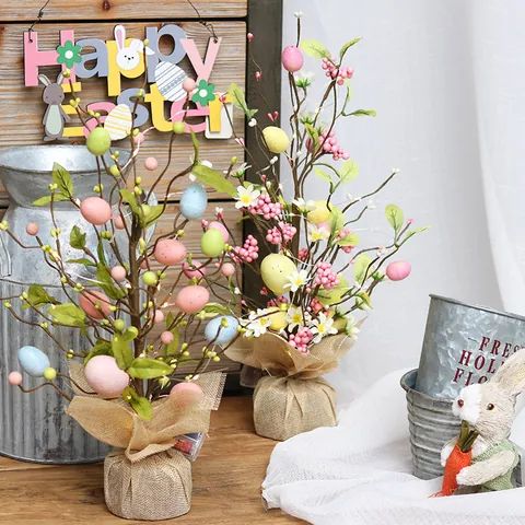 LED Lighted Easter Egg Tree Decor With Burlap Base Artificial Floral Tree For Easter Desktop Home Decoration Party Favor