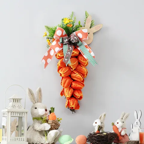 Easter Carrot Wreath Artificial Orange Tulip Flower Wall Hanging Decoration With Rabbit Bow Knot For Festival Front Door Decor
