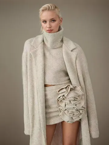 Women 3-Piece Knit Set Long Cardigan Sleeveless Turtleneck Sweater And 3D Flower Mini Skirt Elegant Solid Color Outfit
