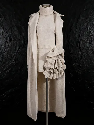 Women 3-Piece Knit Set Long Cardigan Sleeveless Turtleneck Sweater And 3D Flower Mini Skirt Elegant Solid Color Outfit