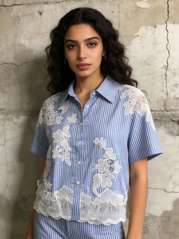 Blusa Corta para Mujer Dulce Fresca Calada de Encaje Manga Corta Camisa Rayada con Botones