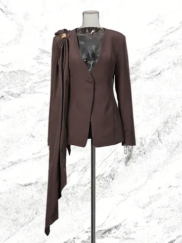 Elegant Asymmetric Streamer Blazer For Women Deep V Neck Slim Fit Suit Jacket Professional Office Top